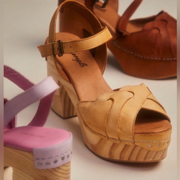 Free People Shoes - Free People Tan Leather Wood-Effect Platform Sandals